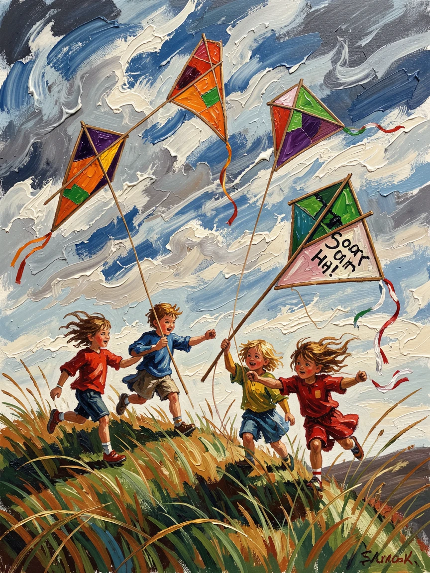 A group of children flying homemade kites across a windswept hilltop.