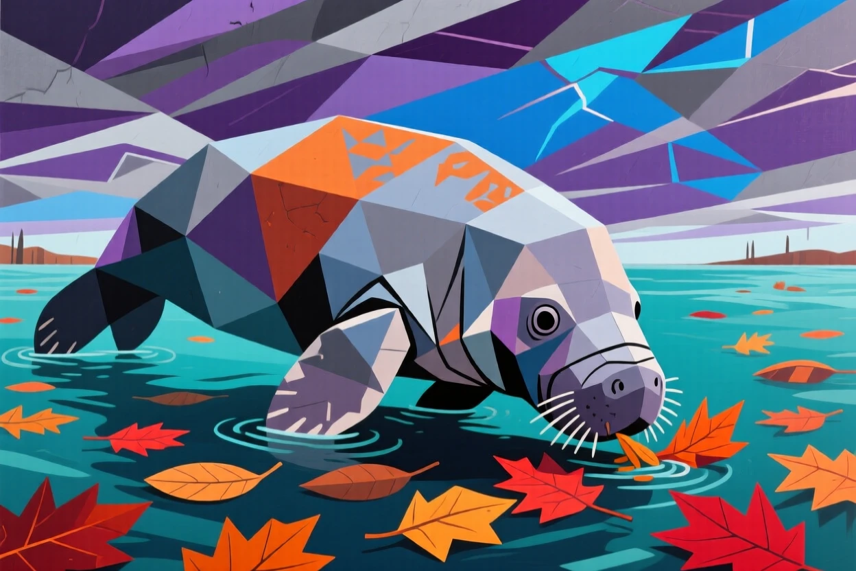 A striking view of a manatee foraging among fallen autumn leaves beneath a dramatic sky.
