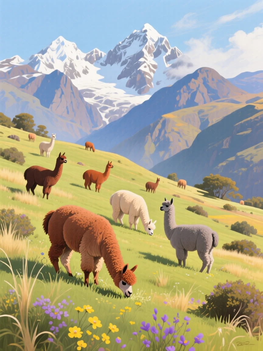 A herd of alpacas grazes on a lush green hillside in Peru, their fluffy coats in varied earthy colors contrasting against distant snow-capped peaks, the surrounding habitat rendered in enough detail to suggest a specific time and place.