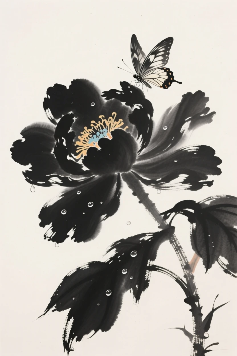 A butterfly rests on a peony blossom in full bloom, as morning light catches the dew on each petal.