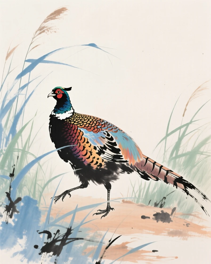 A pheasant with brilliant plumage stepping through tall grass, touched with gentle melancholy.