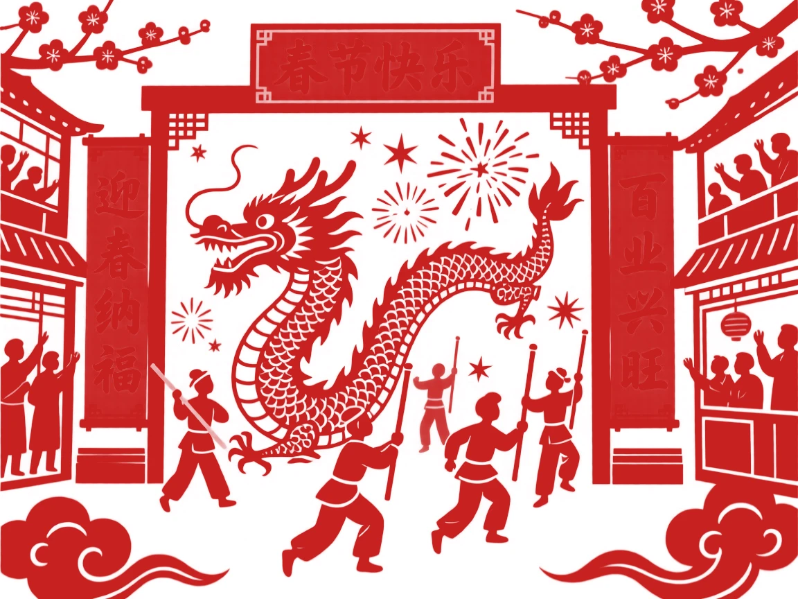 A dragon dance troupe winding through a crowded street during Spring Festival, the long dragon body rippling over the dancers' heads, firecracker sparks bursting in the air, spectators cheering from shopfronts hung with couplets