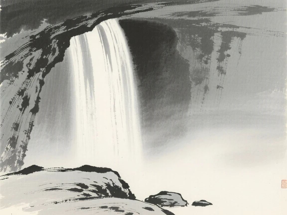 A hidden grotto behind a curtain of falling water at first light, when the world is still hushed and grey, framed low, with the foreground rocks leading the eye toward the distance, carrying a feeling of timeless peace and stillness.
