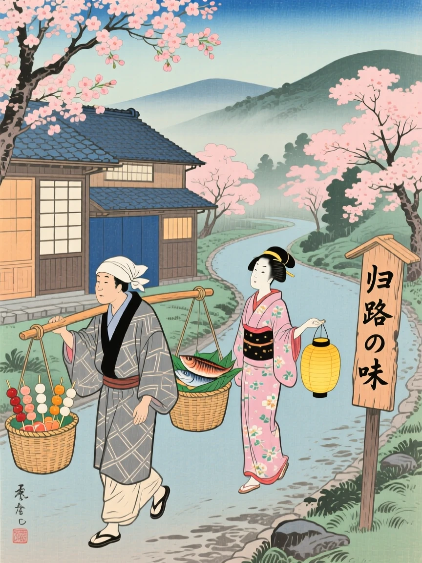 A street food vendor walking home together after a long day.