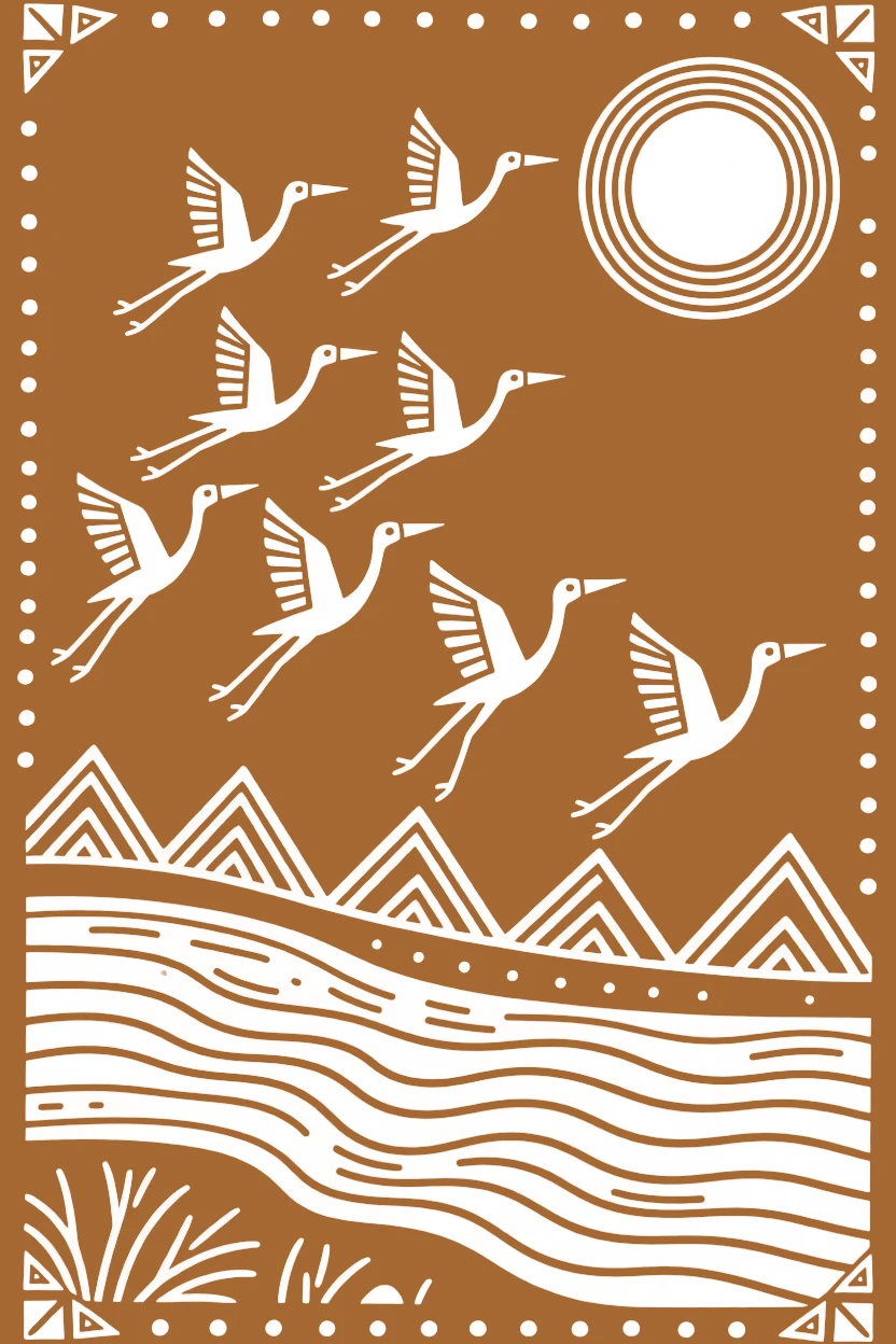 A flock of migrating cranes crossing a wide river at dawn.