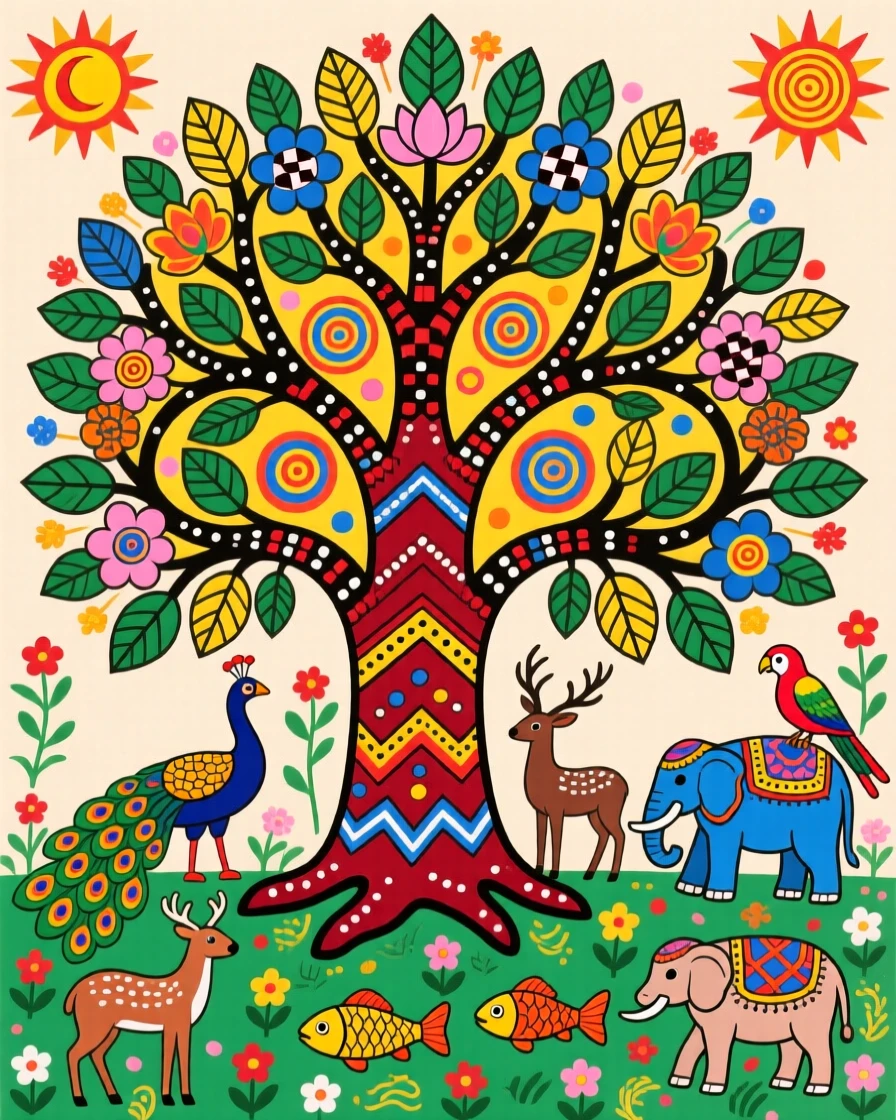 A grand tree of life spreading its branches over a garden of animals.