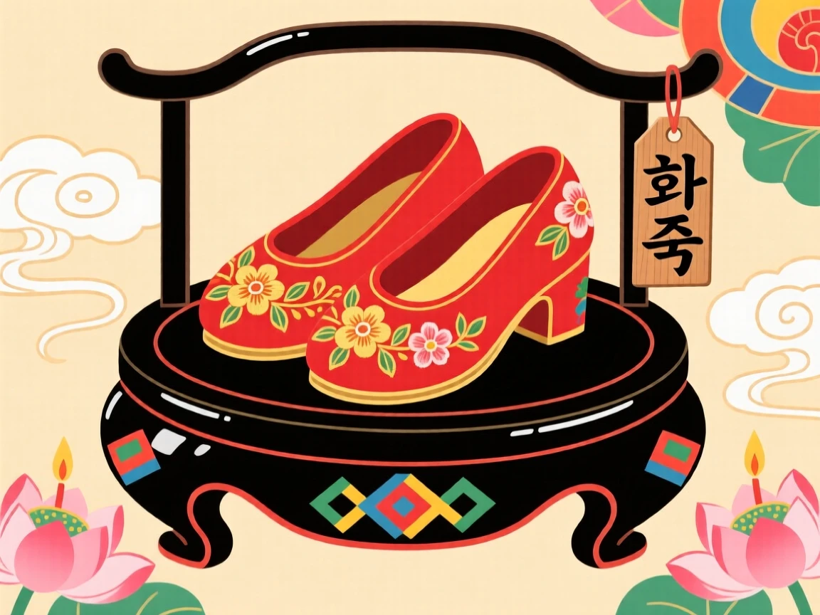A pair of embroidered wedding shoes displayed on a lacquered stand.