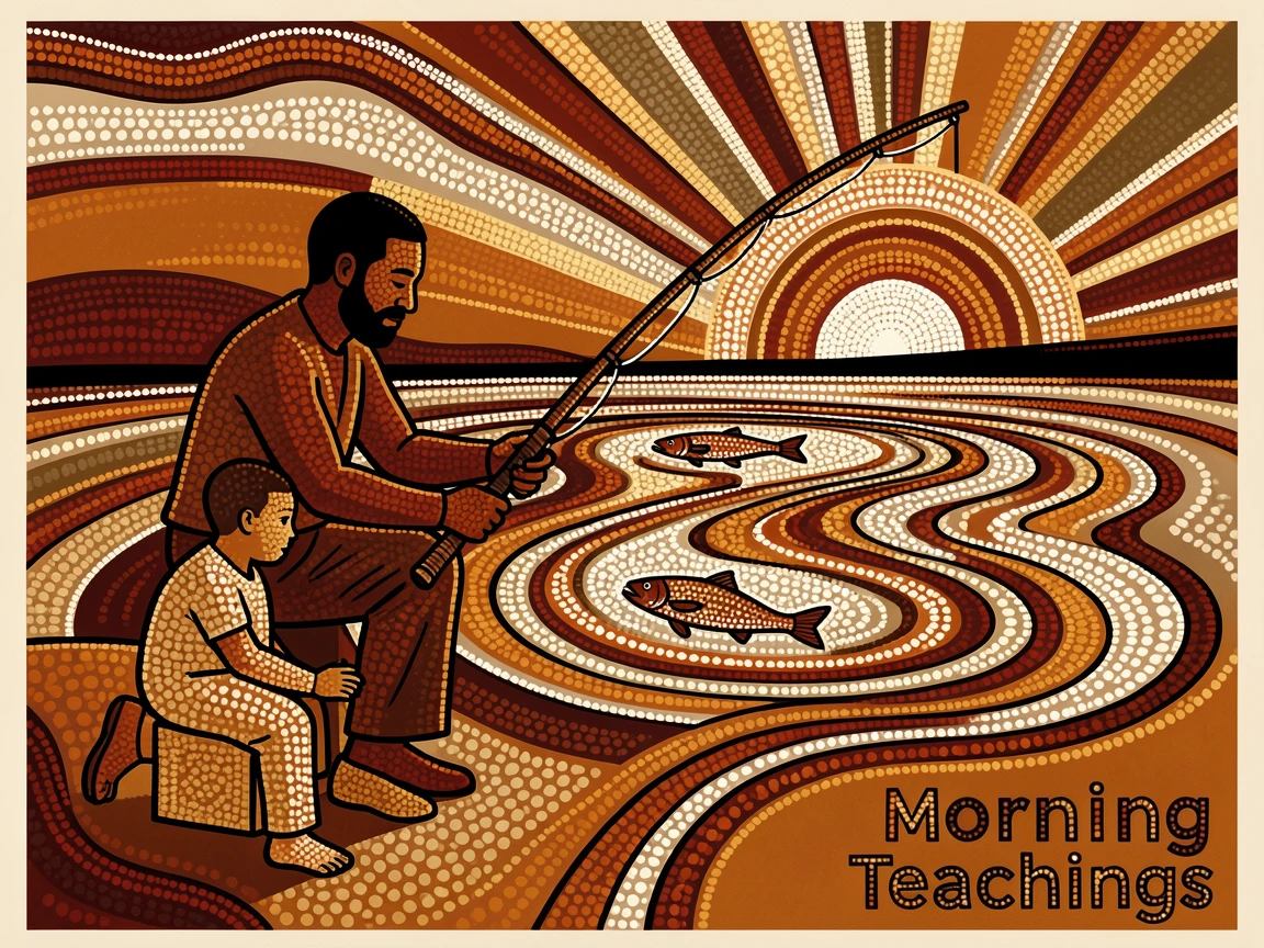 A father teaching his son to fish at sunrise