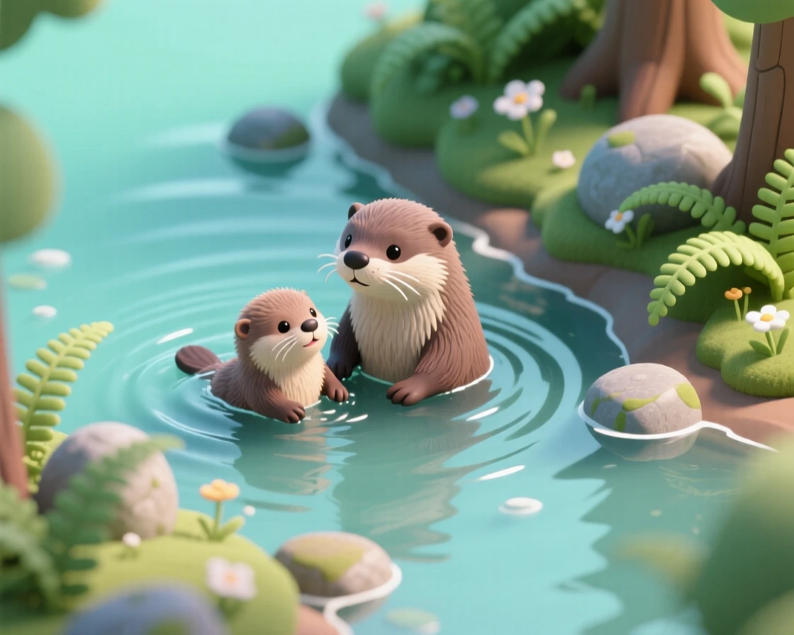 A fluffy baby otter learning to swim alongside its mother in a calm forest river, ripples spreading outward.