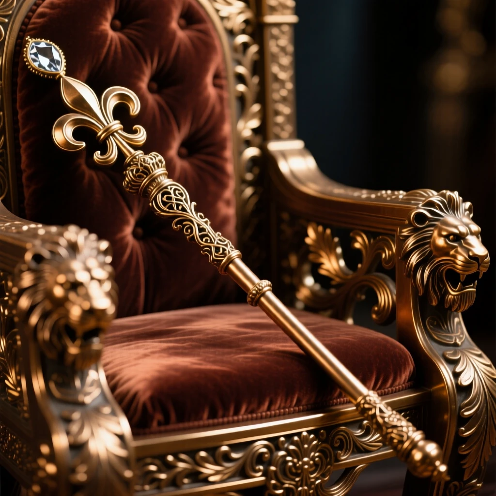 An ornamental scepter resting on a royal throne, catching the light with rich, warm reflections, radiating elegance and refinement