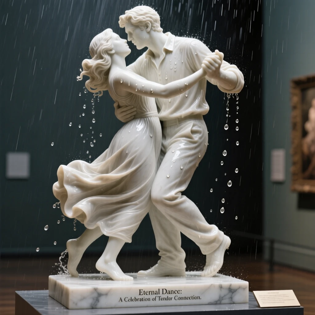 An emotionally powerful scene of two lovers dancing in the rain, filled with warmth, tenderness, and connection