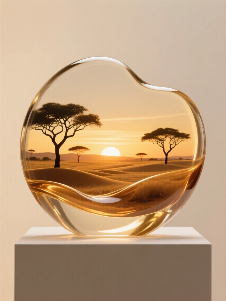 A savanna at golden hour with acacia trees silhouetted, captured in soft golden light with layers of atmospheric depth, evoking peace and quiet grandeur.