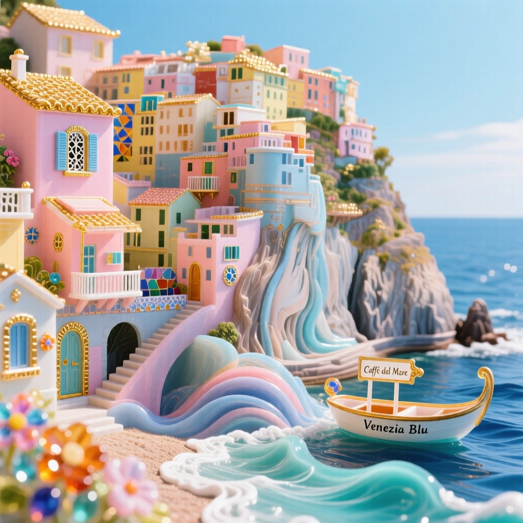 A coastal cliffside village with pastel houses cascading toward the sea, picturesque and vibrant.
