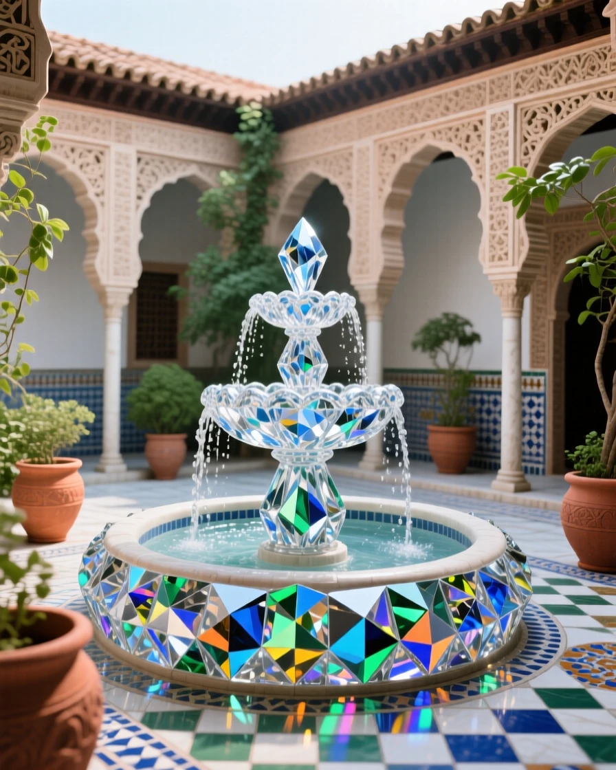 A traditional Andalusian courtyard with a central fountain and intricate tile mosaics.