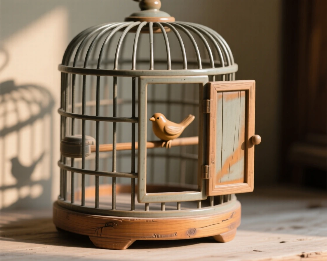A birdcage door left gently open caught in a moment of quiet everyday magic, surrounded by soft shadows and warm tones, radiating warmth and homely comfort.