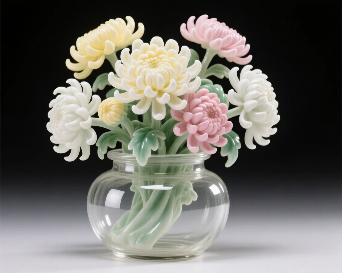 A lush arrangement of chrysanthemums in a delicate glass jar, petals unfurling in soft layers.