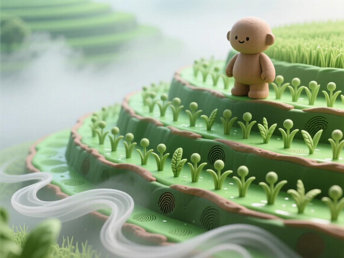 A terraced rice field glowing green under a soft morning mist