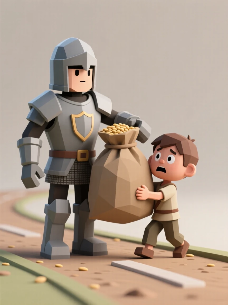 A brave knight helps a frightened farm boy carry a heavy sack of grain along a dusty road.