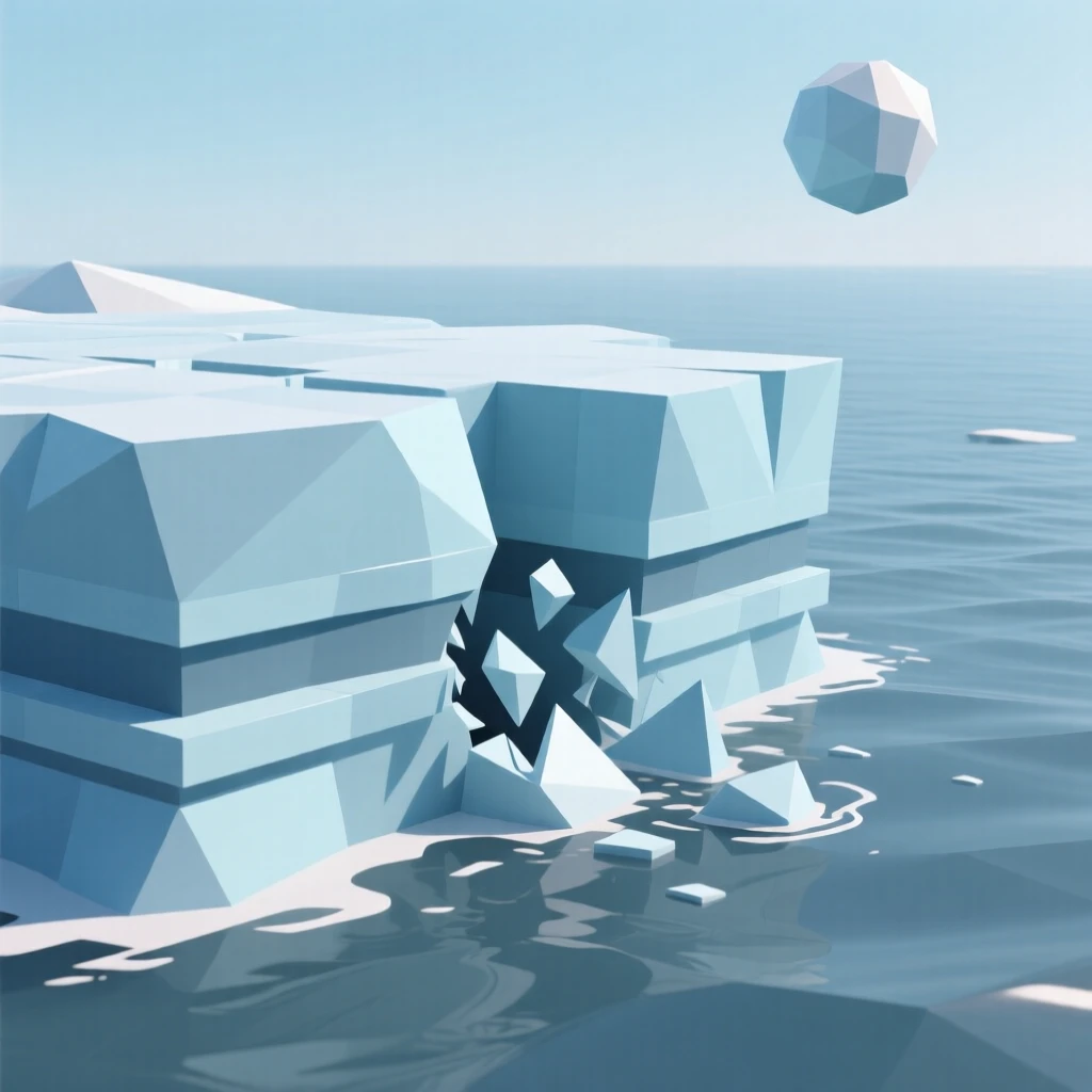 A glacier calving into icy blue water, as the sun begins to rise. layers of color create a striking sense of depth. A deep sense of peace fills the landscape.