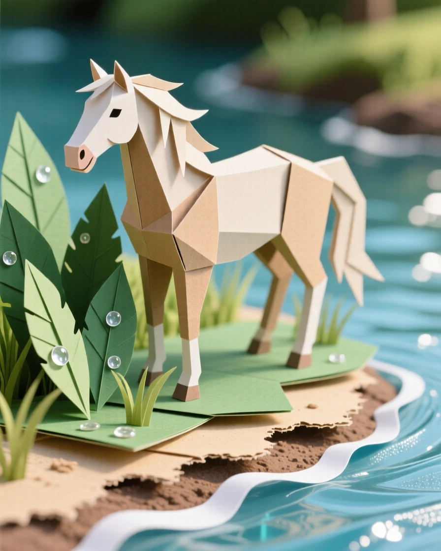 A proud stallion basking on a warm riverbank, with dew glistening on nearby leaves, capturing the wonder of the natural world.