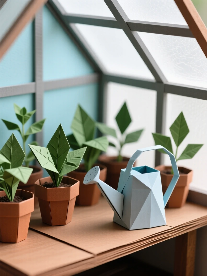 A quiet home greenhouse filled with potted herbs and a watering can resting on the bench.
