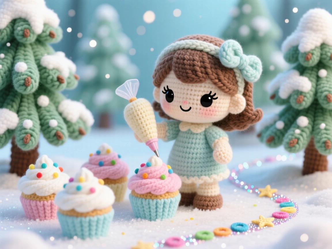 a little girl decorating cupcakes for a birthday, with a small piping bag, is shown topping cupcakes with colorful sprinkles in a frosty pine forest dusted with fresh snow beside a trail of glittering confetti, capturing quiet, comforting seasonal tradition.