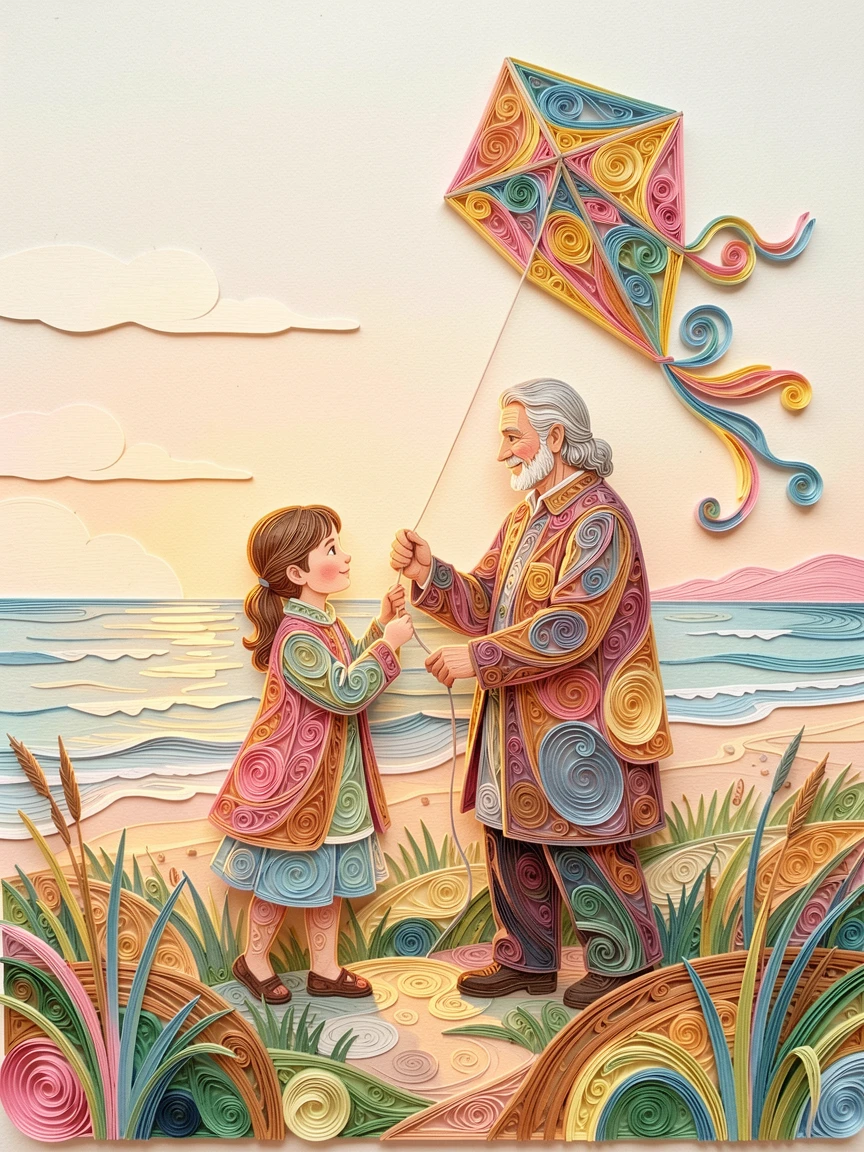 a child and grandparent flying a kite together in a field, on a quiet beach at golden hour, composed with generous warmth and closeness between subjects, in tender pastel morning light.
