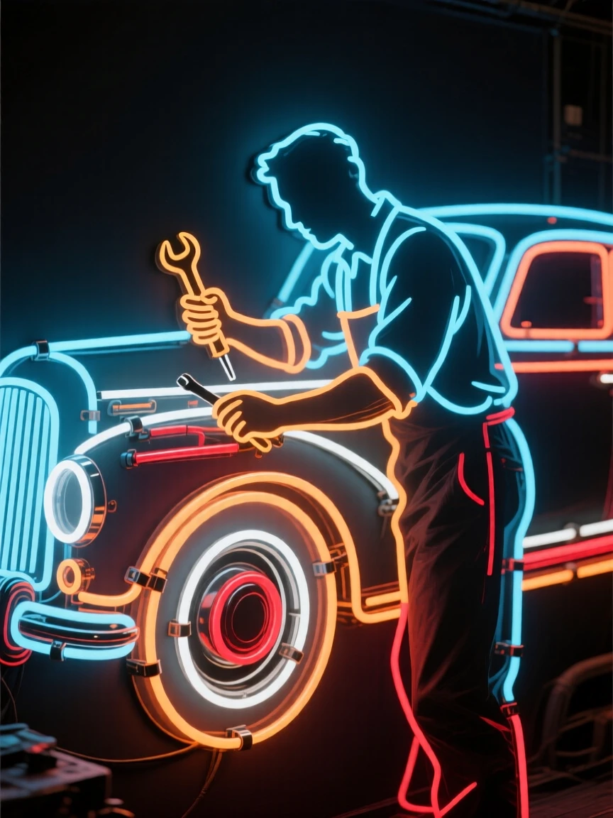 A vintage car restorer captured mid-action during a quiet moment of work.