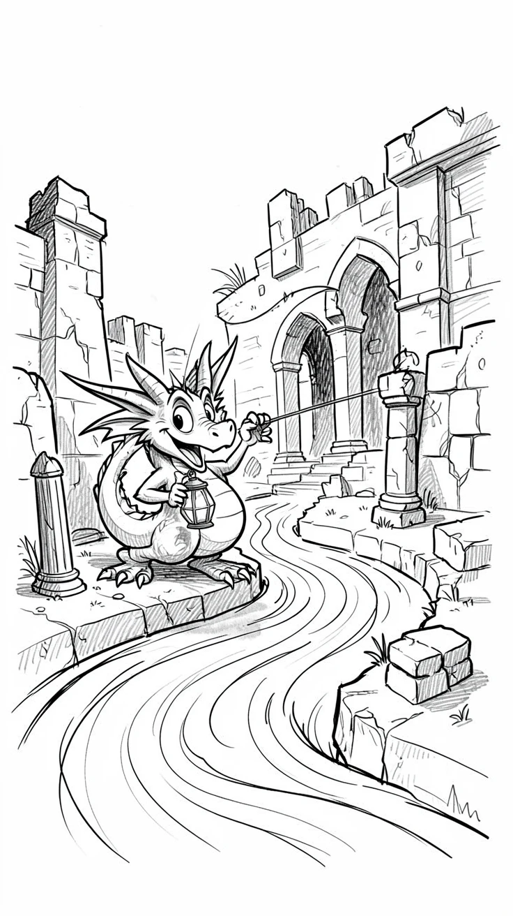 A dragon carrying a lantern in its claws beside a river winding through ruins.