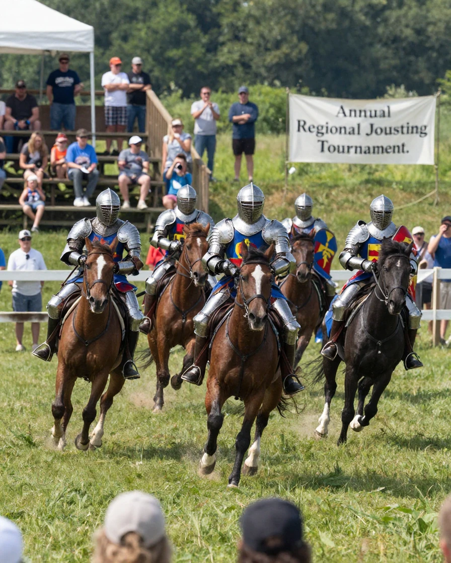 A group of knights on horseback charges across a field during a jousting tournament.