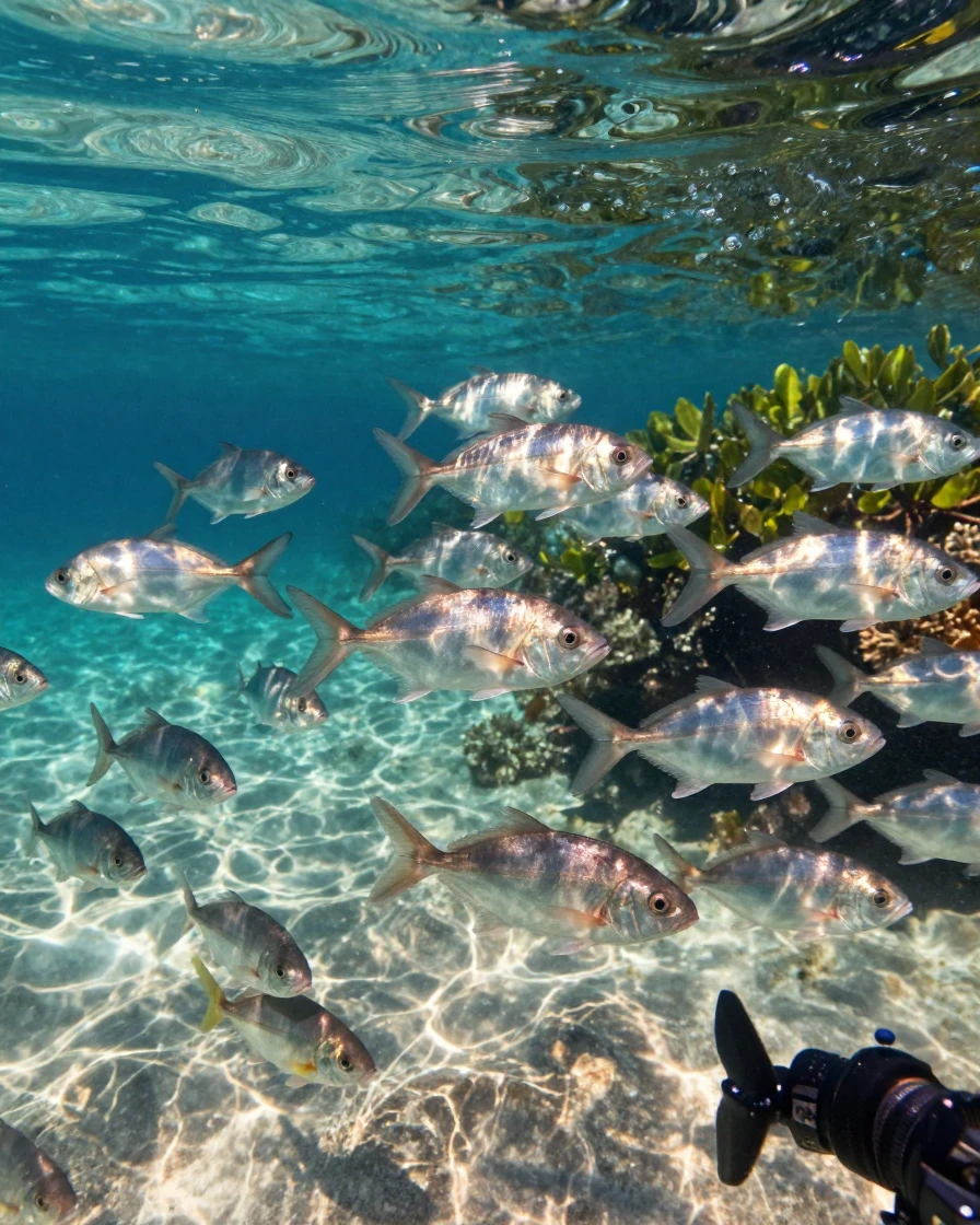 A school of shimmering silver fish drifting quietly in the crystal-clear waters of a tropical lagoon