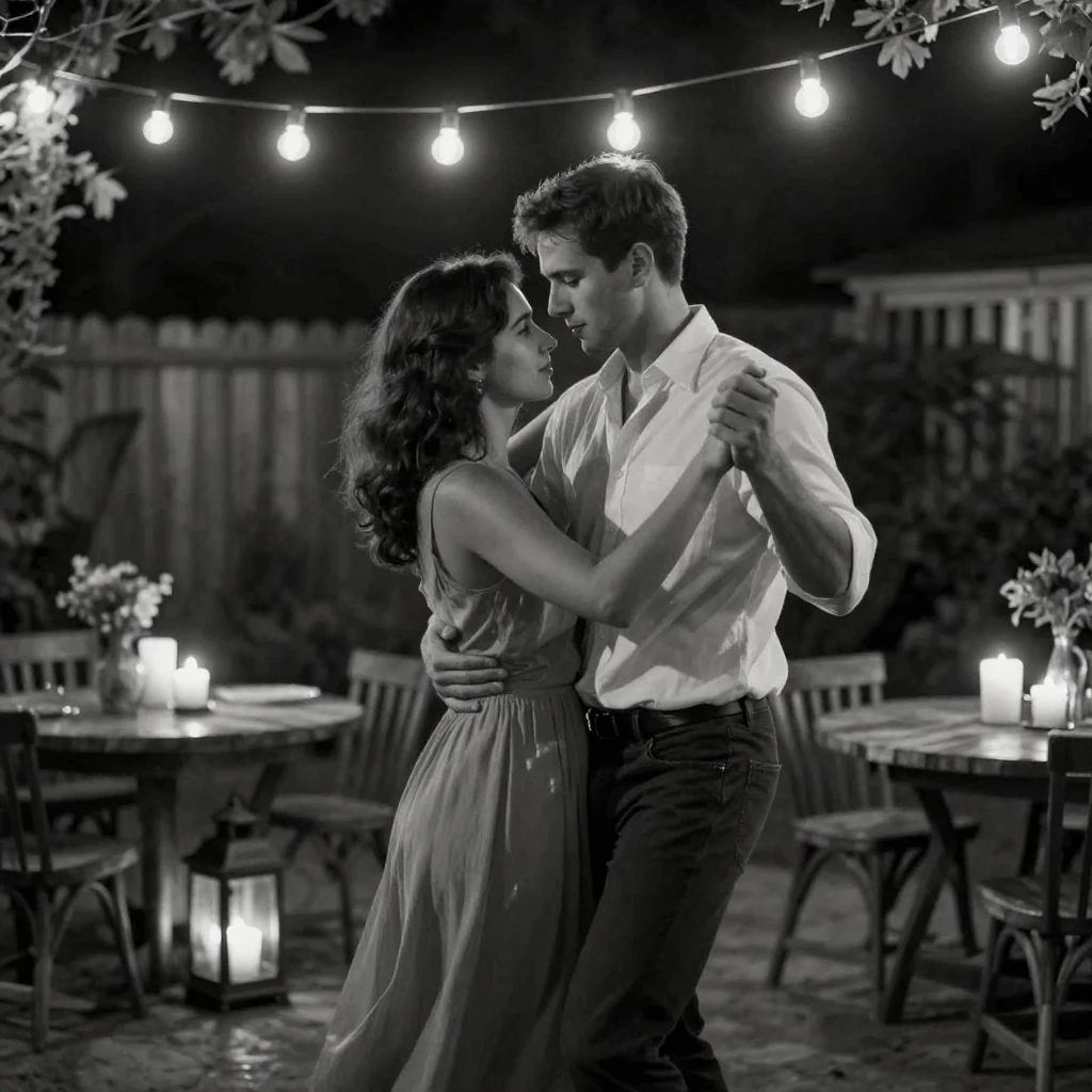 A young couple dances slowly under string lights in a candlelit backyard.
