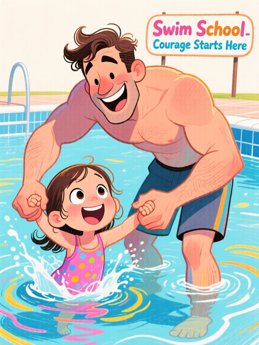A father teaching his daughter to swim, holding her steady in shallow water.