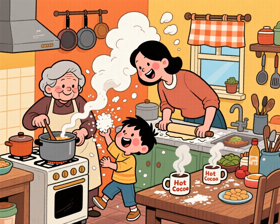 A heartwarming scene of three generations of one family cooking a meal together in a cramped kitchen, flour flying everywhere, with steam rising from mugs of hot cocoa.