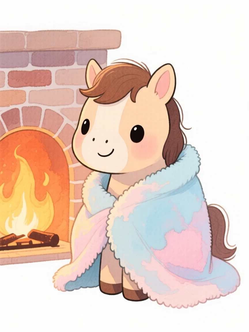 A miniature pony wrapped in a soft blanket by a fireplace