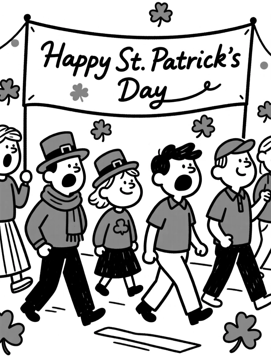 A St. Patrick's Day parade with people dressed in green, shamrocks everywhere.
