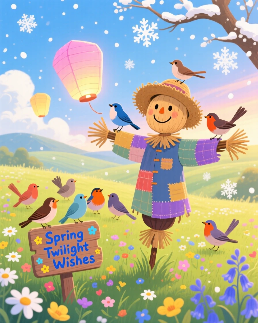 A scarecrow and a flock of birds gather in a sunlit spring meadow, sending paper lanterns floating into the night sky, as snowflakes drift softly down.
