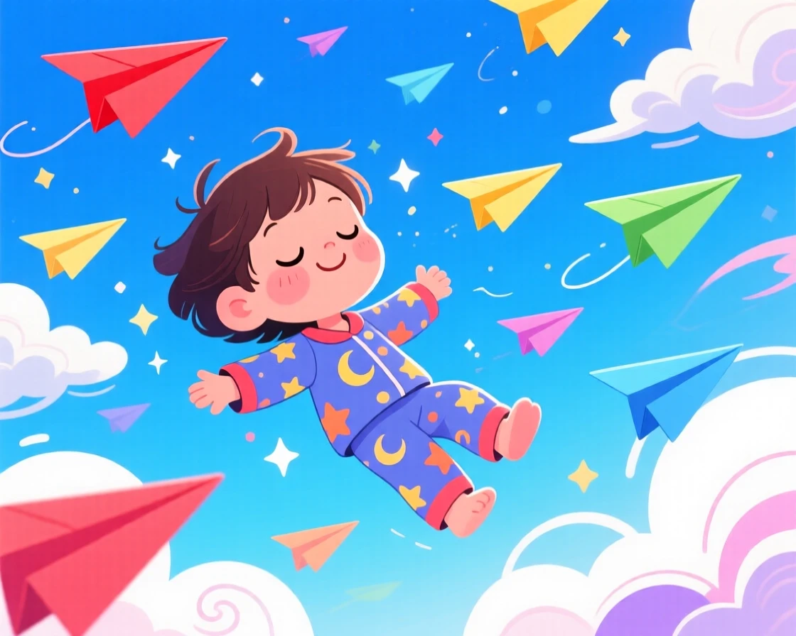 A dreaming child floating through a sky filled with paper airplanes.