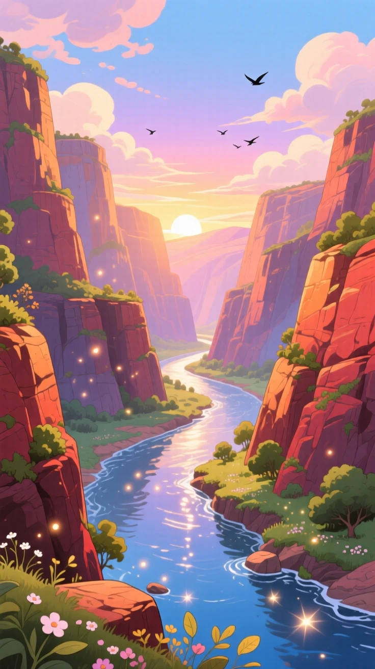 A breathtaking view of a canyon carved by a winding river, with soft clouds casting slow-moving shadows across the land, at sunrise, captured from a low angle looking up.