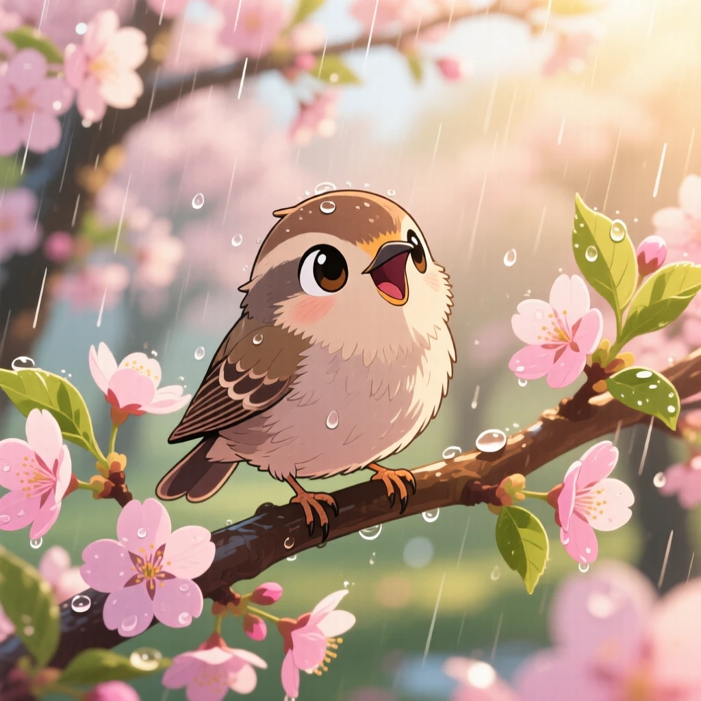 In a cherry blossom orchard, a bird perched on a blossoming branch is singing at first light during a gentle spring rain shower, bathed in warm morning light filtering through leaves, expression full of curious excitement. Shot as a close-up portrait.