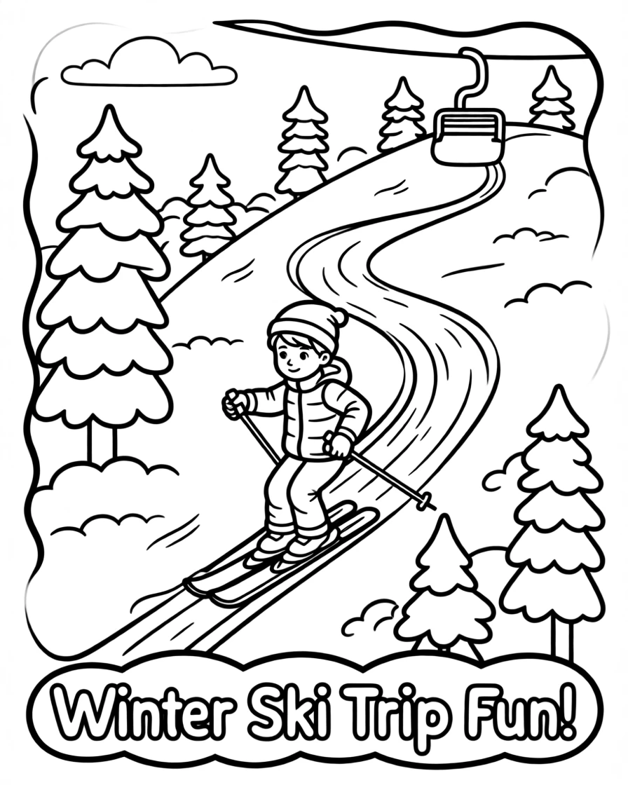 A winter ski trip down a snowy mountain slope
