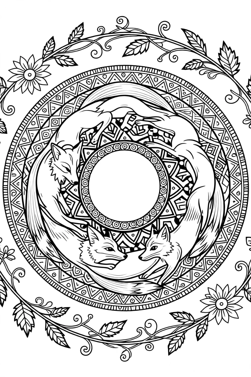 A mandala built from a ring of interlocking foxes chasing their tails.