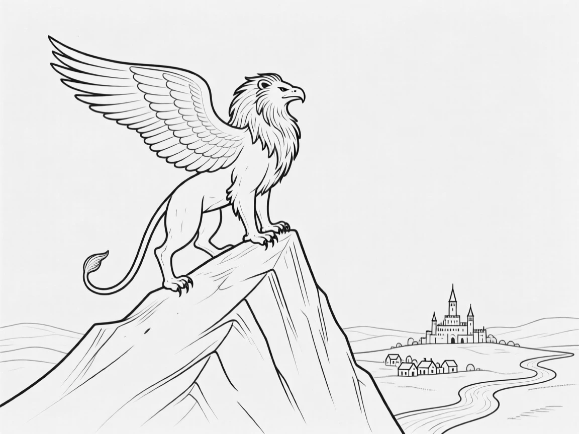 A griffin perched on a mountain peak overlooking a kingdom