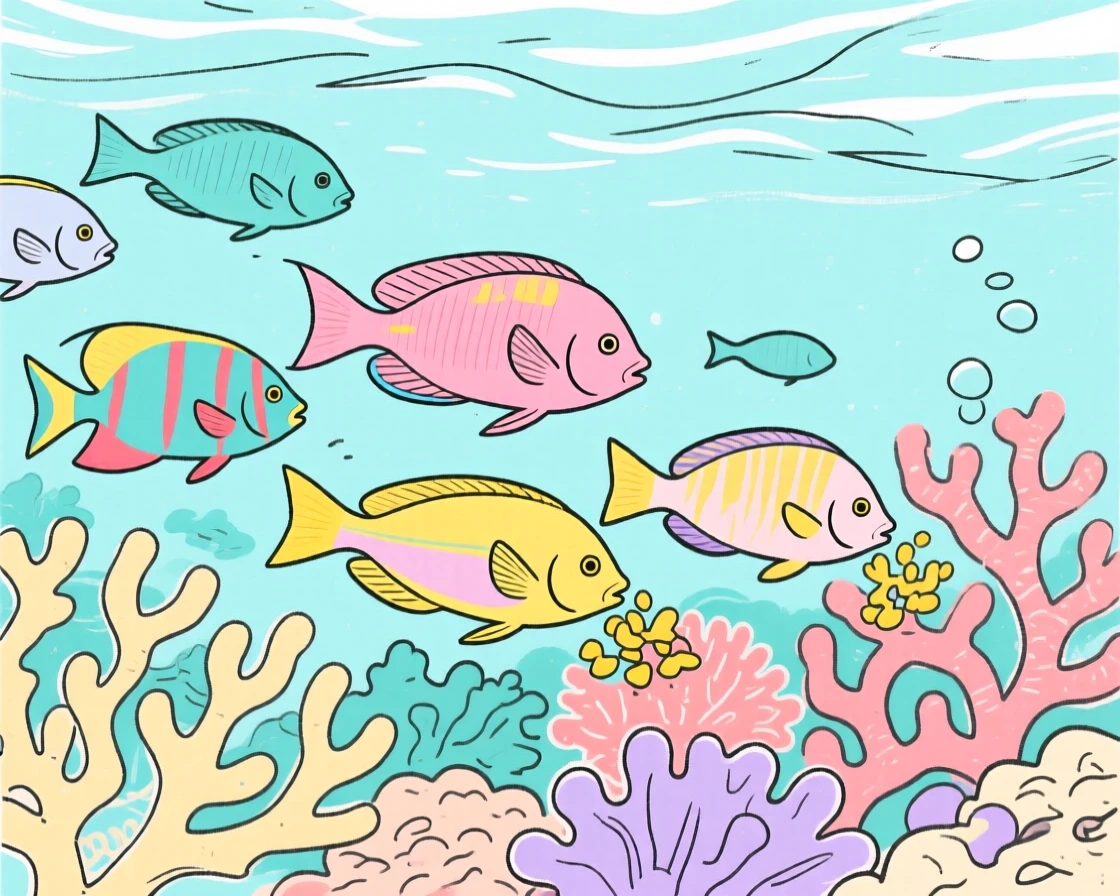 A group of colorful parrotfish grazing along a vibrant coral reef.
