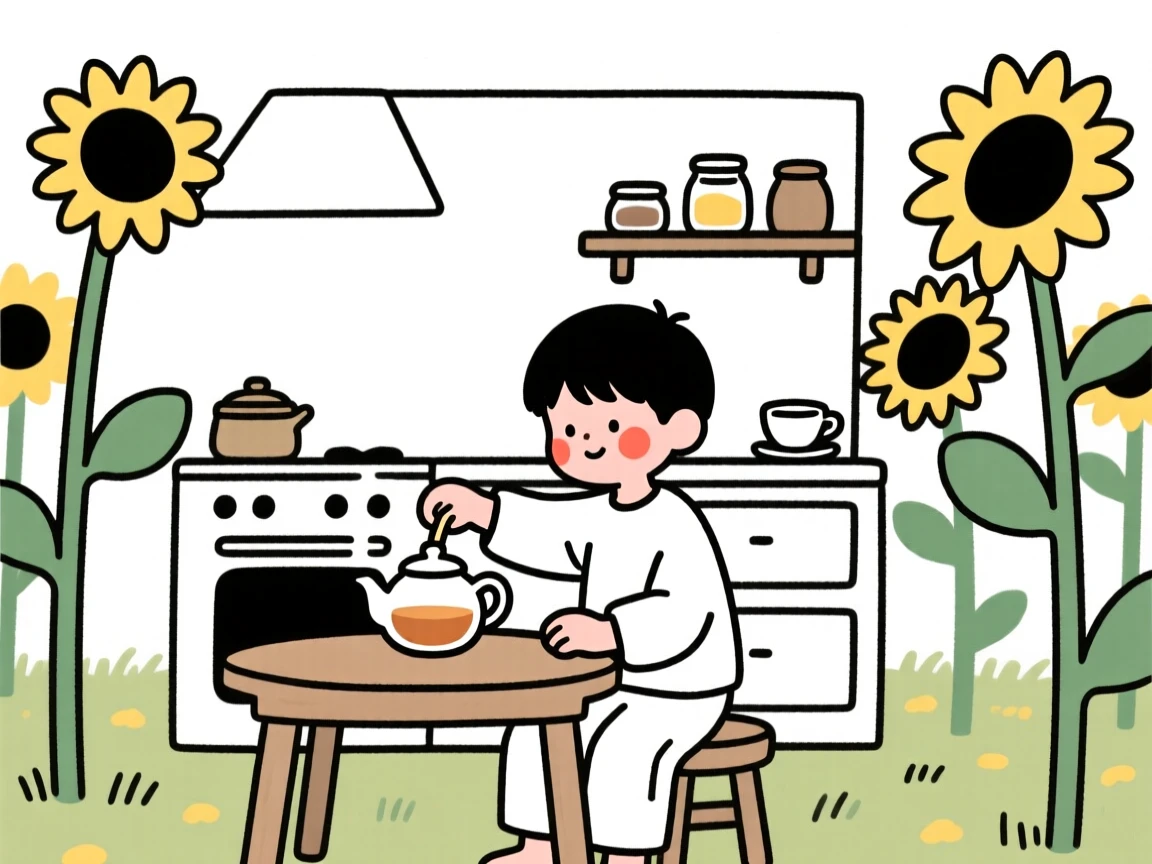 A young boy brewing tea in a cozy kitchen, in a sunflower field.