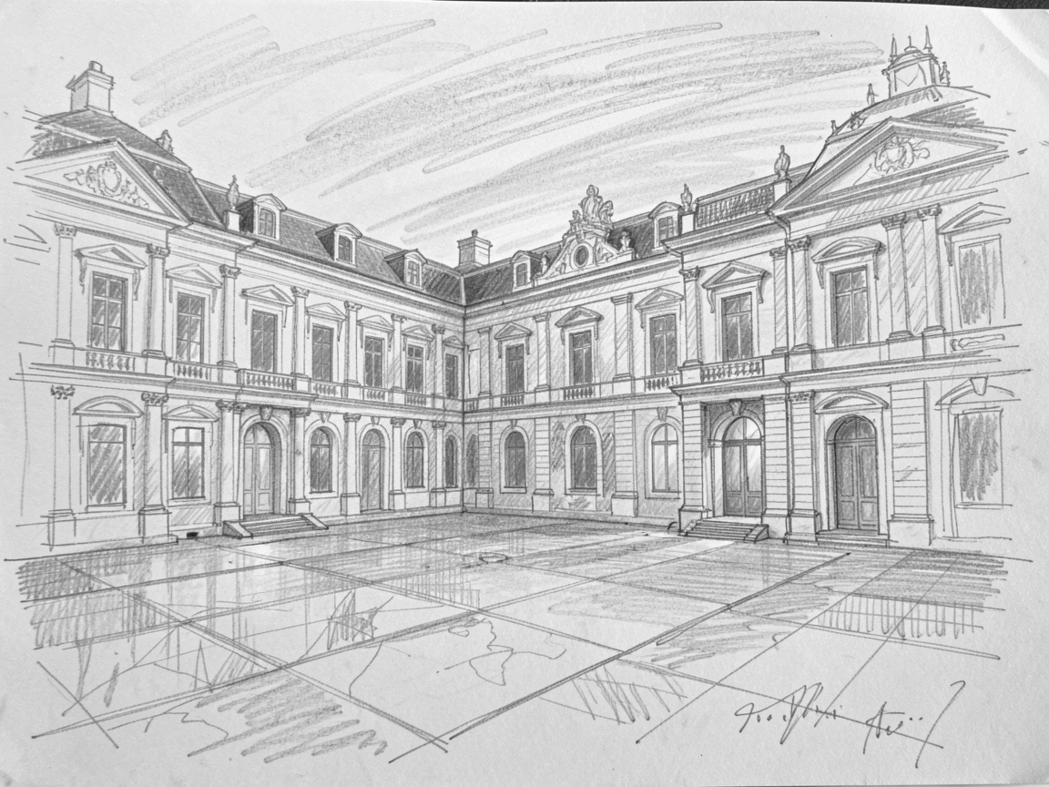 A stunning view of a grand marble palace courtyard during a dramatic sunset, with warm light spilling from every window.