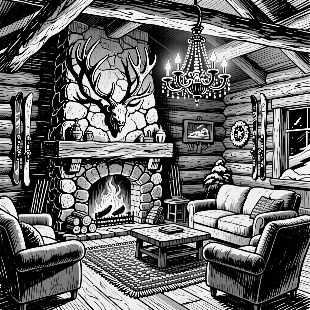 A cozy ski lodge interior with a roaring fireplace and antler chandeliers.