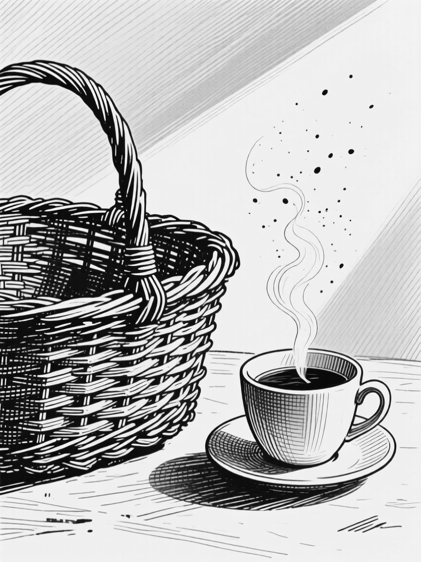 A wicker picnic basket placed beside a steaming cup of coffee, with dust motes floating in a sunbeam, forming a calm and homely still-life study.