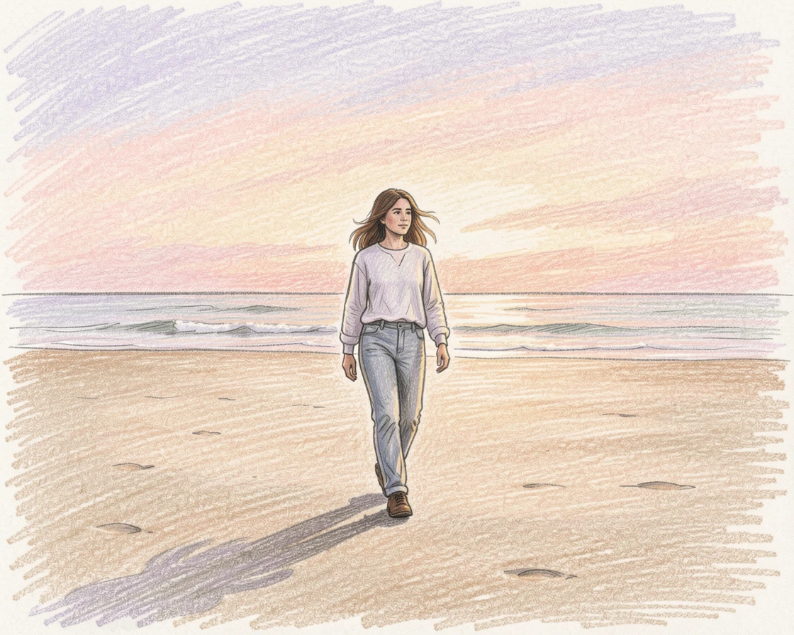 A solitary figure walking along an empty beach at dawn, arranged with simple, uncluttered composition, capturing a gentle sense of hope and renewal.