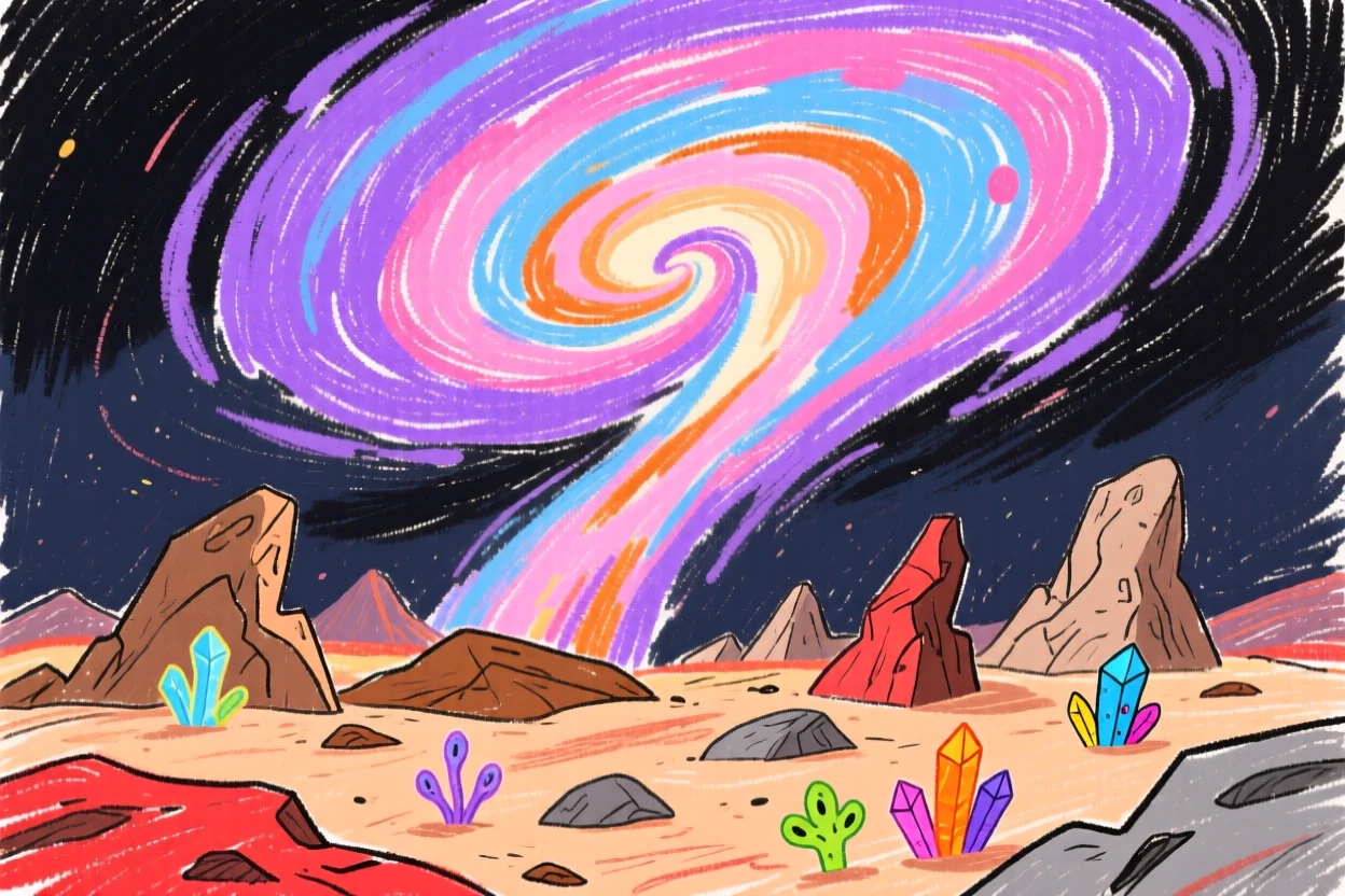 A swirling nebula rising slowly over a rocky alien landscape.
